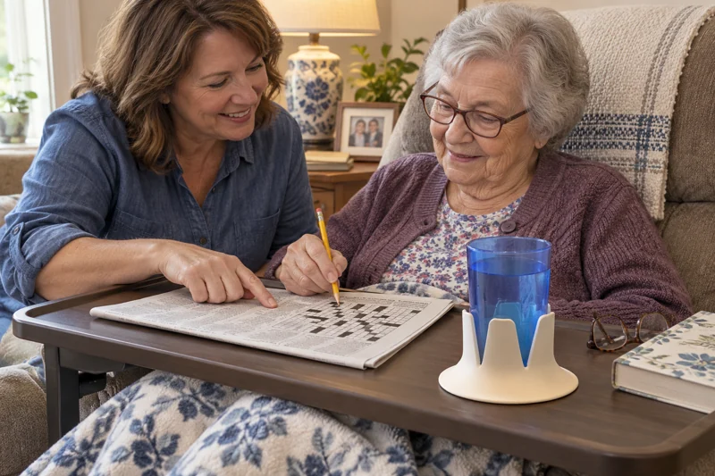 Adult family caregiver sharing crossword time with older parent with open reusable plastic water cup in Steadi on wide stable bedside or armchair tray comfortably reached by recipient. AI illustration.