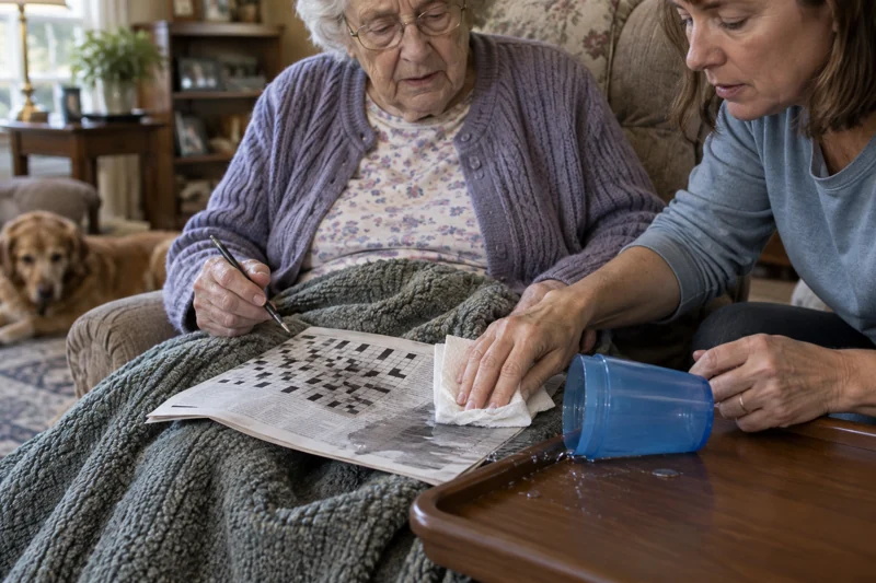 Cup is nudged during the return to tray; water reaches lap blanket and activity sheet. AI illustration.
